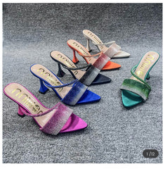 Women Fashion Sexy Rhinestones Pointed Toe High Heel Slippers