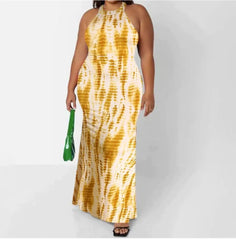 Adogirl Off Shoulder Tie Dye Maxi Dress Floral Print Summer Sleeveless Long Dress Halter Neck Back Hollow Out Vintage Ball Gowns